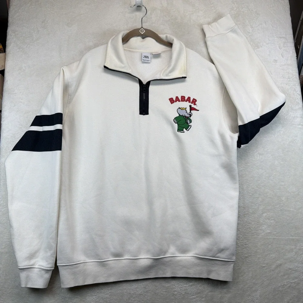 Zara x Babar Elephant Sweatshirt Men's XL 1/4 Zip Pullover Embroidered White